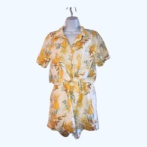 ana Short Set Sz Large Yellow Pineapple High Waist Shorts Tie Shirt Linen Rayon